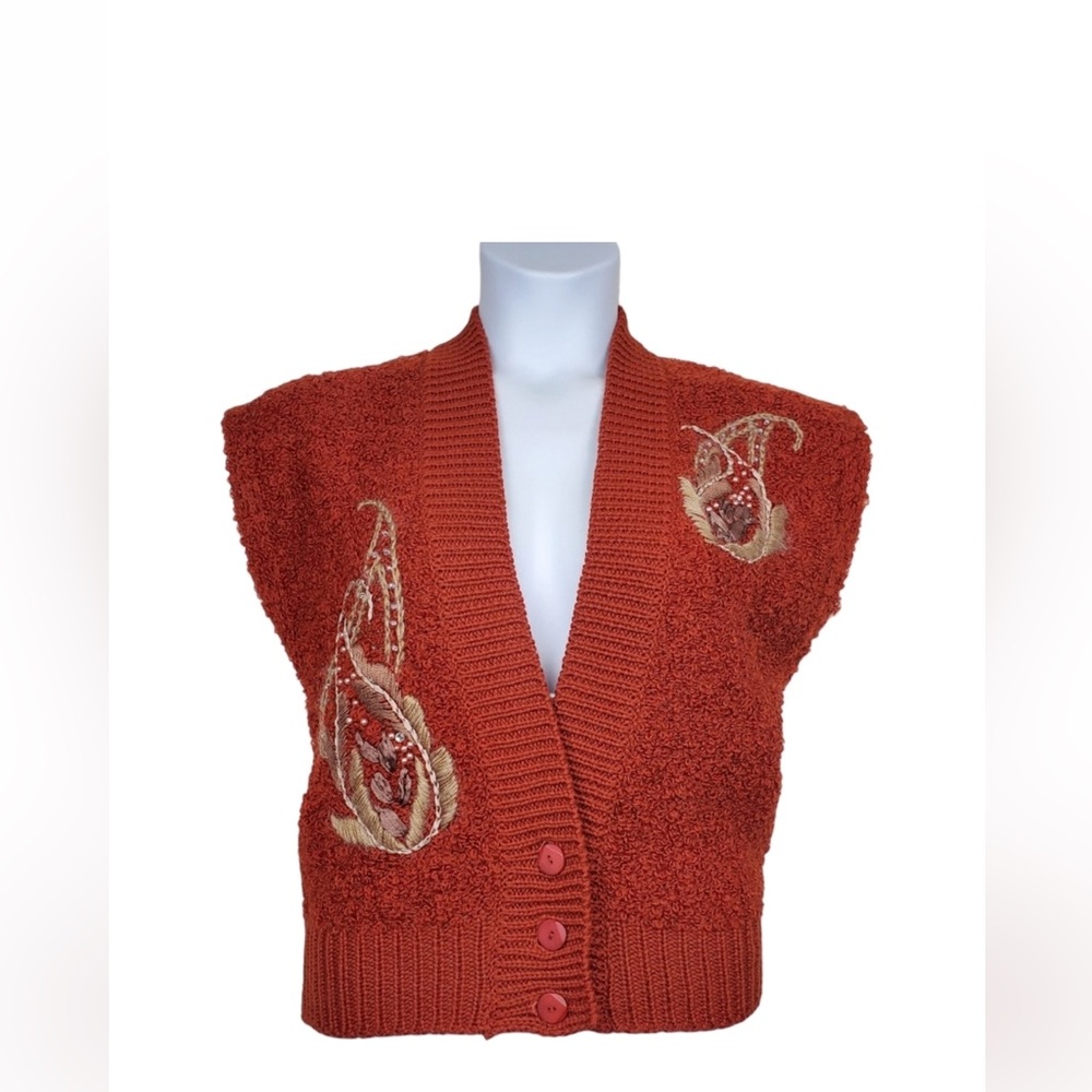 Viole Elegance Womens Vintage Burnt Red Orange Boucle Knit Sweater Vest Size M